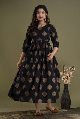 Shambhavi Creations Women Printed Anarkali Kurta(Black)