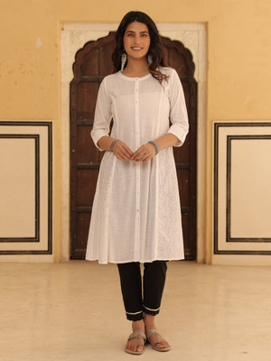 Juniper Women Solid A-line Kurta(White)