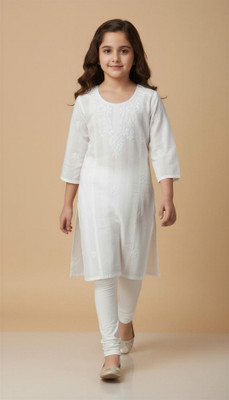 OSG Girls Embroidered A-line Kurta(White)