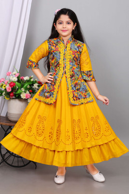 Syenterprises Girls Printed Gown Kurta(Yellow)