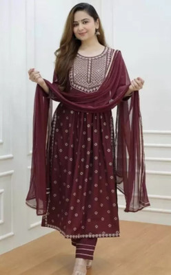 kumar creation Women Embroidered Flared Kurta(Maroon, Beige)