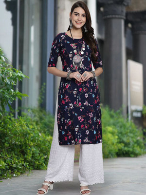 Moda Rapido Women Floral Print Straight Kurta(Blue)