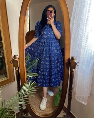 Lamenda Women Fit and Flare Blue, White Midi/Calf Length Dress