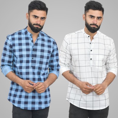 QuaClo Men Checkered Straight Kurta(Light Blue, White)