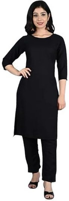 TMT HUB Women Solid Straight Kurta(Black)