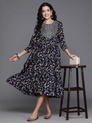 Indo Era Women Embroidered Ethnic Dress Kurta(Dark Blue)