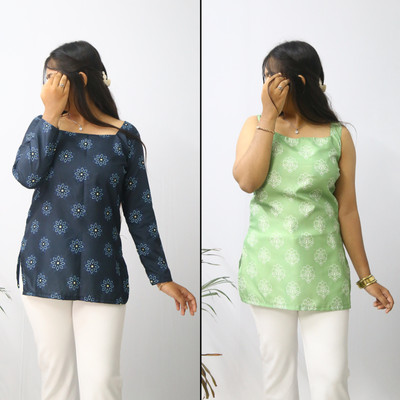 aanzri Women Floral Print Tunic Kurta(Dark Blue, Light Green)