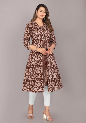 Kriftee Women Printed A-line Kurta(Brown)