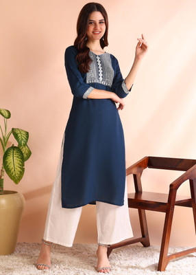 New Ethnic 4 You Women Embroidered Straight Kurta(Blue)