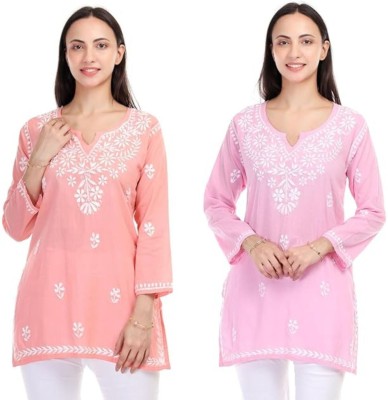 Aradhya Women Chikan Embroidery Straight Kurta(Pink, Multicolor)