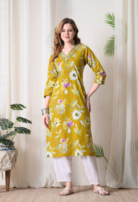 Deepyog Women Floral Print Straight Kurta(Yellow)