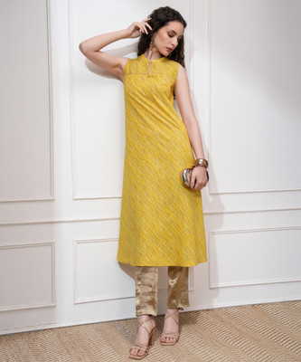 Vishudh Women Striped Straight Kurta(Yellow)