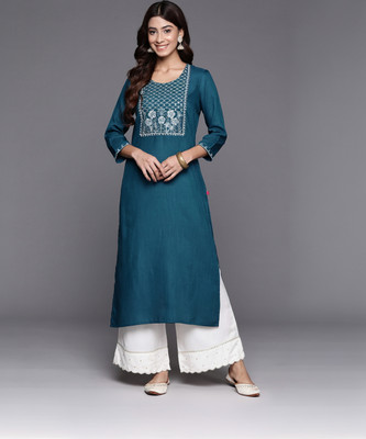 Varanga Women Floral Print Straight Kurta(Blue)