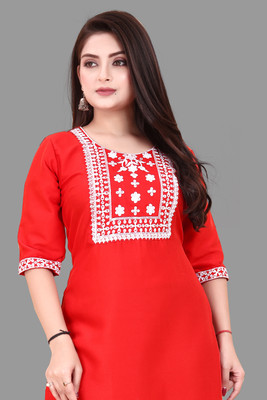 HARISH TEXTILE Women Embroidered A-line Kurta(Red)
