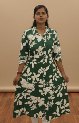 shopbarkha Women Printed, Floral Print Frontslit Kurta(Dark Green)