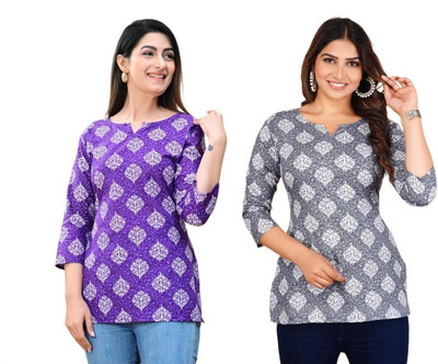 GURUFASHIONS Women Printed Straight Kurta(Purple, Grey)