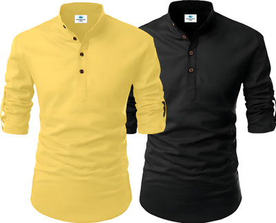 Fashion Marts Men Solid, Self Design Straight Kurta(Yellow, Black)
