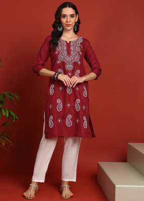 TOP N THREAD Women Chikan Embroidery A-line Kurta(Maroon)