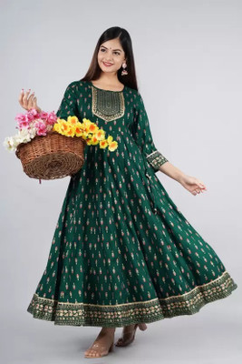 SAK JAIPUR Women Floral Print Anarkali Kurta(Dark Green)
