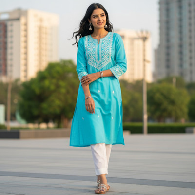 Aabr Women Embroidered, Chikan Embroidery, Embellished Straight Kurta(Blue)