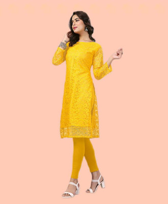 Manthan Creation Women Self Design A-line Kurta(Yellow)