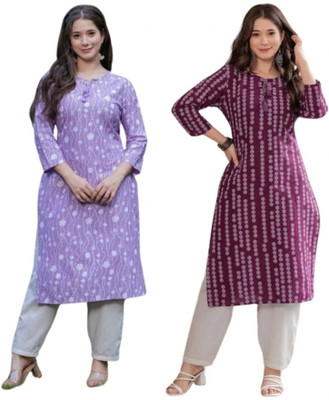 Anmi Printed Women Straight Kurta(Purple, Maroon)