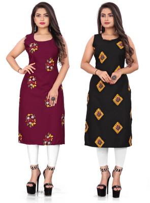 Hiral Creation Women Printed Straight Kurta(Maroon, Red)