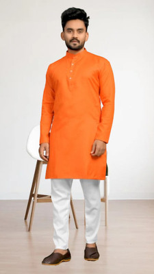 M Biswas Men Solid A-line Kurta(Orange)