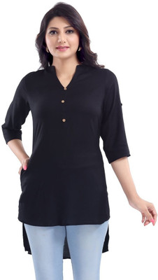 Anmi Beauteous Black Button Down Styled Rayon Kurti For Women Solid Women High Low Kurta(Black)