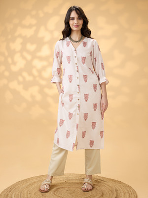 Globus Women Printed Straight Kurta(White, Maroon)