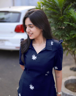 bindudi Women Printed A-line Kurta(Dark Blue)