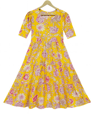 HouseOfCommon Women Floral Print, Printed Flared Kurta(Yellow)