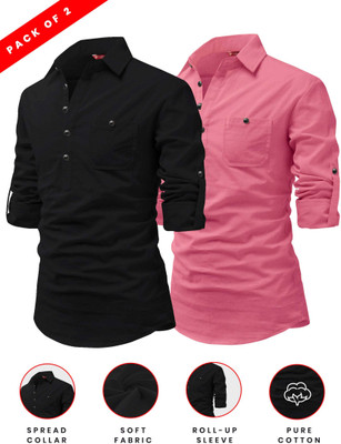 FireFish Men Solid A-line Kurta(Pink)