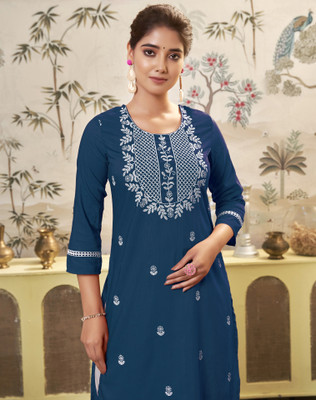 Anmi Chikan Embroidery Women Straight Kurta(Dark Blue, White)