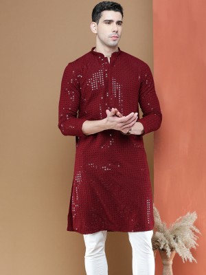 Sanwara Men Embellished Straight Kurta(Maroon)