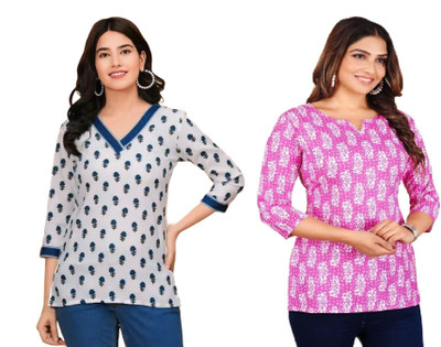 GURUFASHIONS Women Printed Straight Kurta(White, Pink)