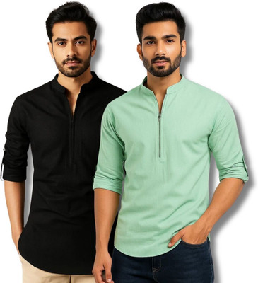 VIMASUTI Men Solid Straight Kurta(Black, Light Blue)