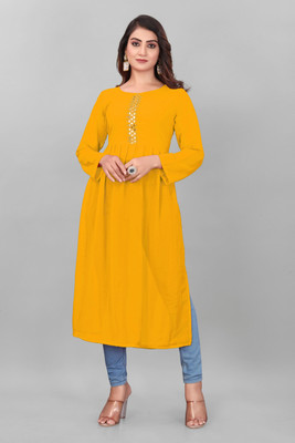 Mastvery Women Solid A-line Kurta(Yellow)