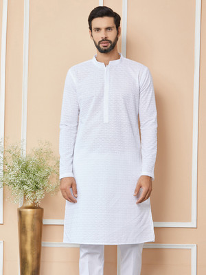 See Designs Men Embroidered Straight Kurta(White)