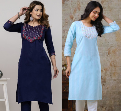 AuzaSho Collection Women Embroidered Straight Kurta(Blue, Dark Blue)