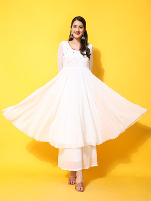 Poshak Hub Women Embroidered Anarkali Kurta(White)