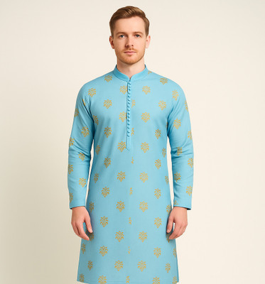 Shadab Chikan Men Printed Straight Kurta(Light Blue)