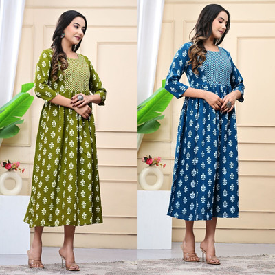 Kadri Women Printed A-line Kurta(Green, Blue)