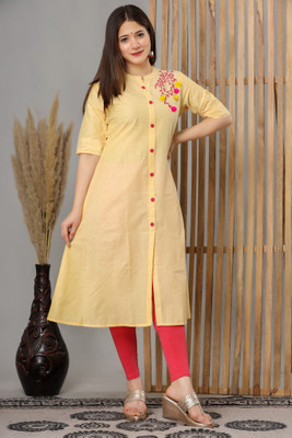 Dizon Women Embroidered A-line Kurta(Yellow)