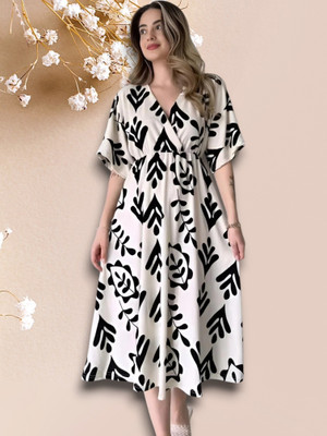 Shreejagdamba Women Gown Black, White Knee Length Dress