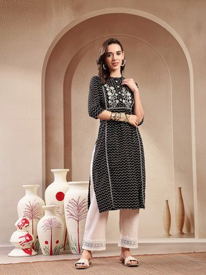Stylum Women Self Design, Embroidered A-line Kurta(Black)
