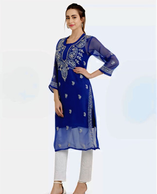 TEXOW CLOTHING PVT LTD Women Chikan Embroidery A-line Kurta(Dark Blue)