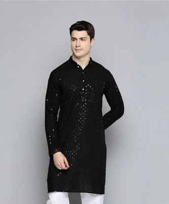 DHARMESH ENTERPRISE Men Embroidered Straight Kurta(Black)