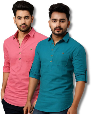 VIMASUTI Men Solid Straight Kurta(Pink, Blue)