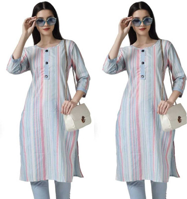 IST COLLECTION Women Striped Straight Kurta(Blue)
